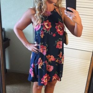 High neck strapless navy, floral dress